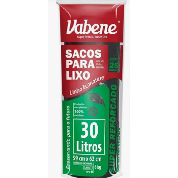 Saco para Lixo Preto Reforçado 30L – Vabene Reciclável – Rolo com 25 Unidades