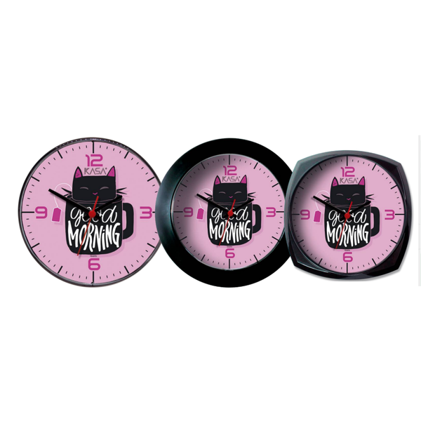 Relógio de parede KITCHEN - GATO PRETO | Cor: Rosa, Modelo do Relógio: Classic - Sem moldura | Cor: Rosa, Modelo do Relógio: Classic - Sem moldura