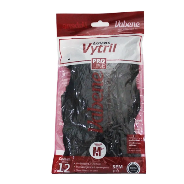 Luva de Vinil Pró Line Sem Pó - C/12 Unidades | Cor: Preta, Tamanho: M | Cor: Preta, Tamanho: M