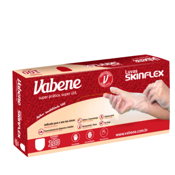 Luvas Skinflex C/100 un. Vabene | Cor: Translucida, Tamanho: M, Conjunto: 100 unidades, Tipo de Material: Skinflex | Cor: Translucida, Tamanho: M, Conjunto: 100 unidades, Tipo de Material: Skinflex