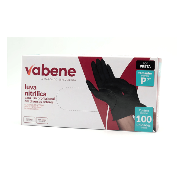 Luva Nitrílica Sem Pó Vabene – Caixa C/ 100 Unidades - P | Cor: Preta, Tamanho: P, Conjunto: 100 unidades | Cor: Preta, Tamanho: P, Conjunto: 100 unidades