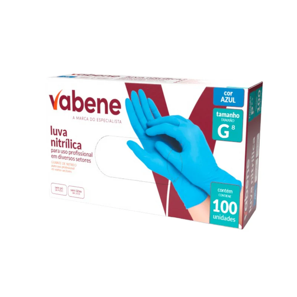 Luva Nitrílica Sem Pó Vabene – Caixa C/ 100 Unidades - G | Cor: Azul, Tamanho: G, Conjunto: 100 unidades, Tipo de Material: Nitrílica | Cor: Azul, Tamanho: G, Conjunto: 100 unidades, Tipo de Material: Nitrílica